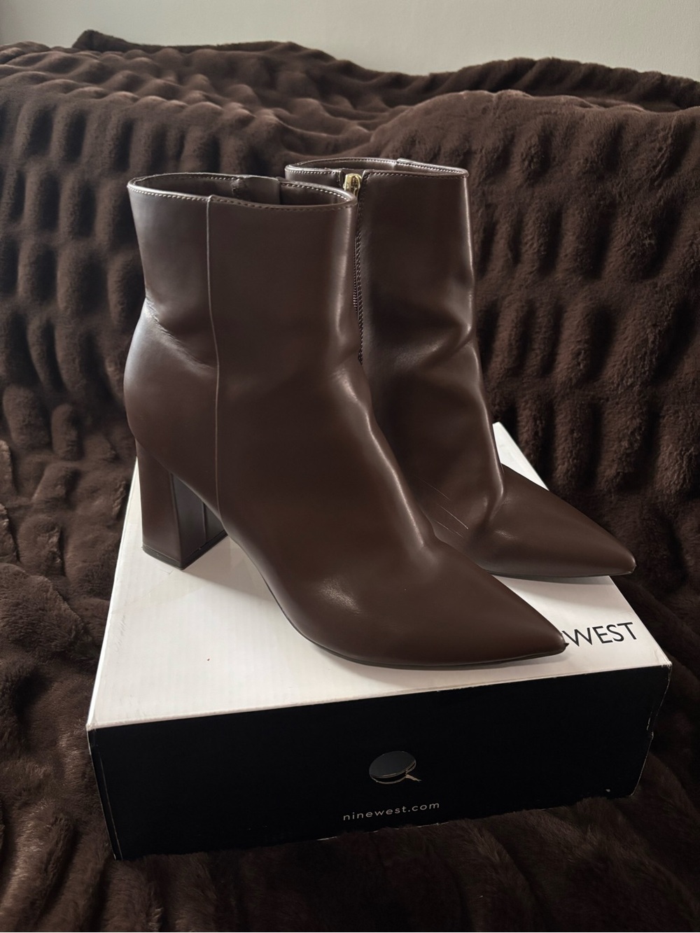Nine West Dark Brown Pointed Toe Block Heel Ankle Boots